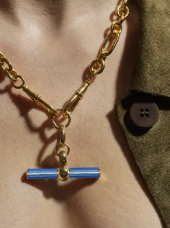 Aquamarine Enamelled Giant Gold T-bar on Watch Clipt Necklace