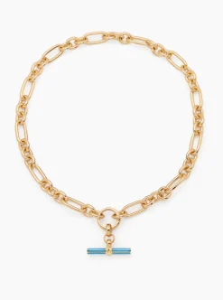 Aquamarine Enamelled Small Gold T-bar on Clipt Watch Chain Necklace