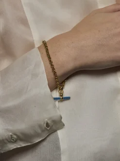Aquamarine Enamelled Small Gold T-bar on Belcher Bracelet