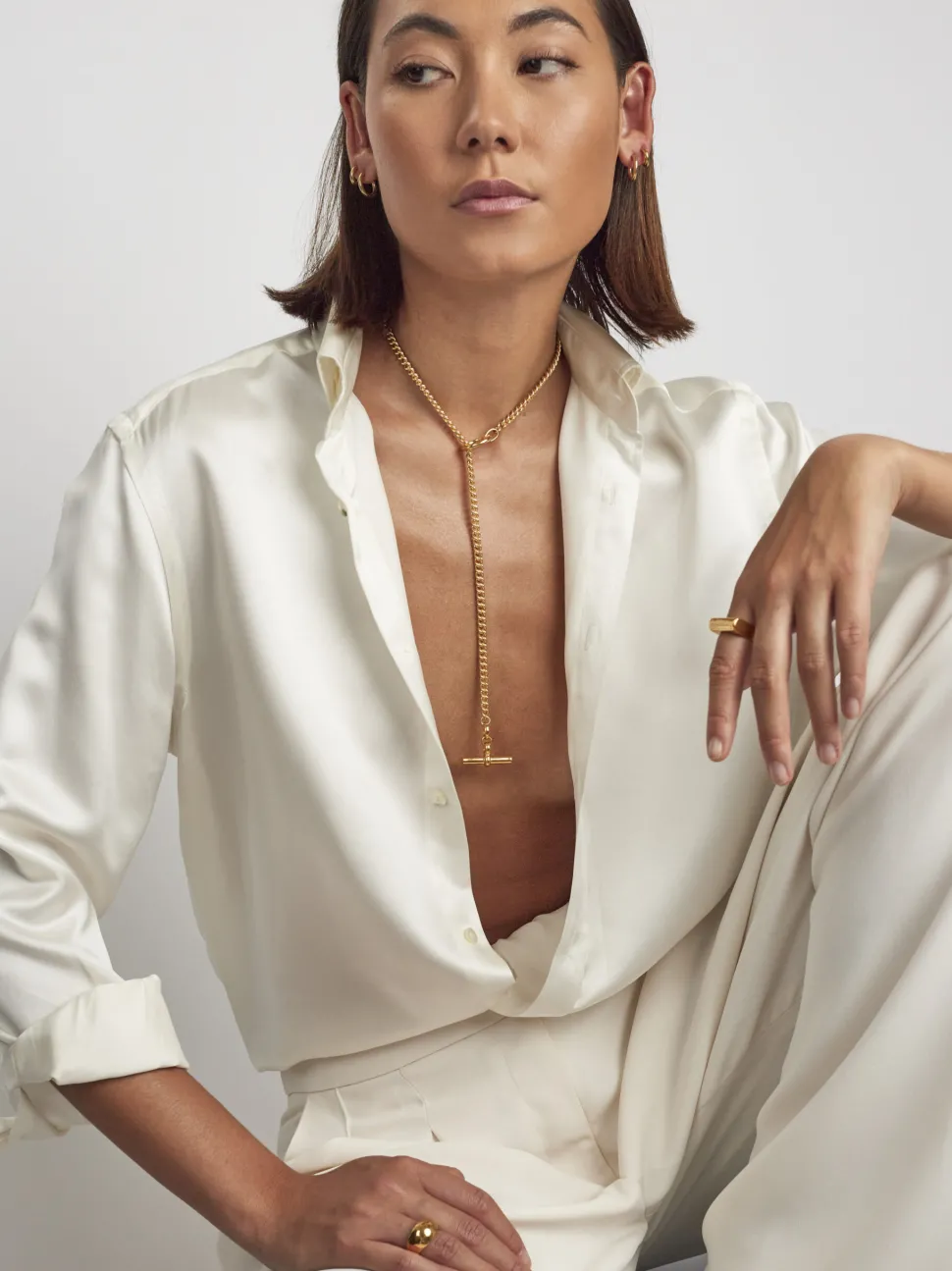Gold Curb Chain Lariat Necklace