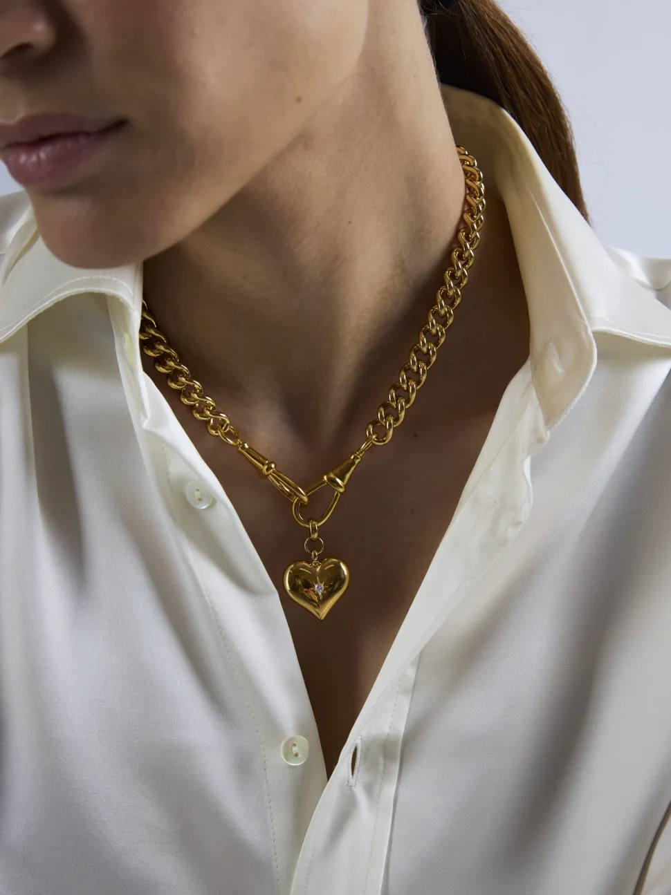 Large Gold Heart on Large Gold Curb Clip Necklace