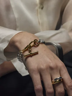 Large Silver and Gold Curb Clipt Bracelet with Gold T-bar