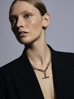 Medium Gold T-bar on Large Silver and Gold Curb Clipt Necklace
