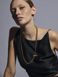 Medium Gold T-Bar on Long Large Gold Curb Clipt Necklace