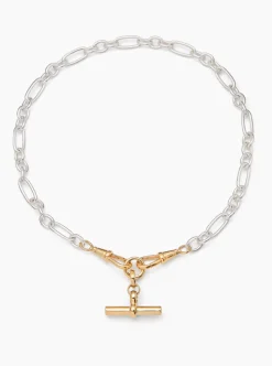 Medium Gold T-bar on Silver and Gold Clipt Watch Chain Necklace