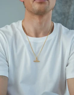Men's Gold T-Bar On Fine Curb Chain