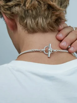 Men's Solid Sterling Silver T-Bar Clasp Curb Link Necklace