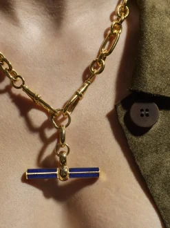 Navy Enamelled Giant Gold T-bar on Watch Clipt Necklace