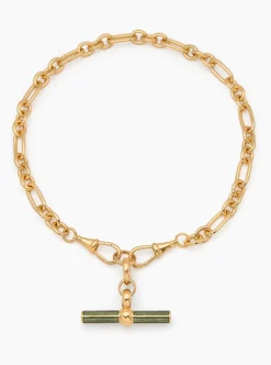 Olive Enamelled Giant Gold T-Bar on Watch Clipt Necklace