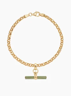 Olive Enamelled Small Gold T-bar on Belcher Bracelet