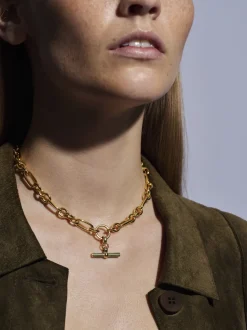 Olive Enamelled Small Gold T-Bar on Clipt Watch Chain Necklace
