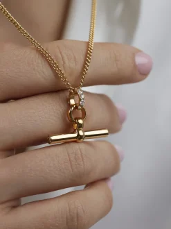 Small Jewelled Gold T-Bar On Fine Curb Chain
