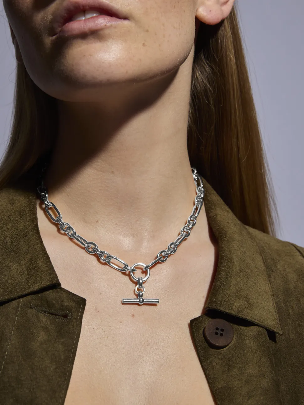 Small Silver T-bar on Clipt Watch Chain Necklace