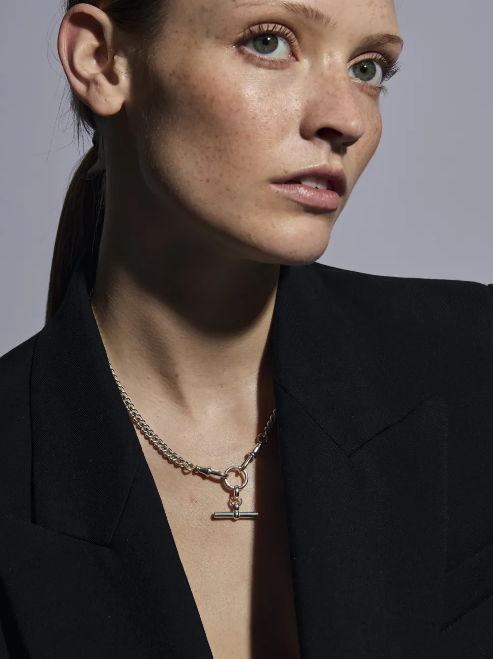 Small Silver T-bar on Slim Curb Clipt Necklace