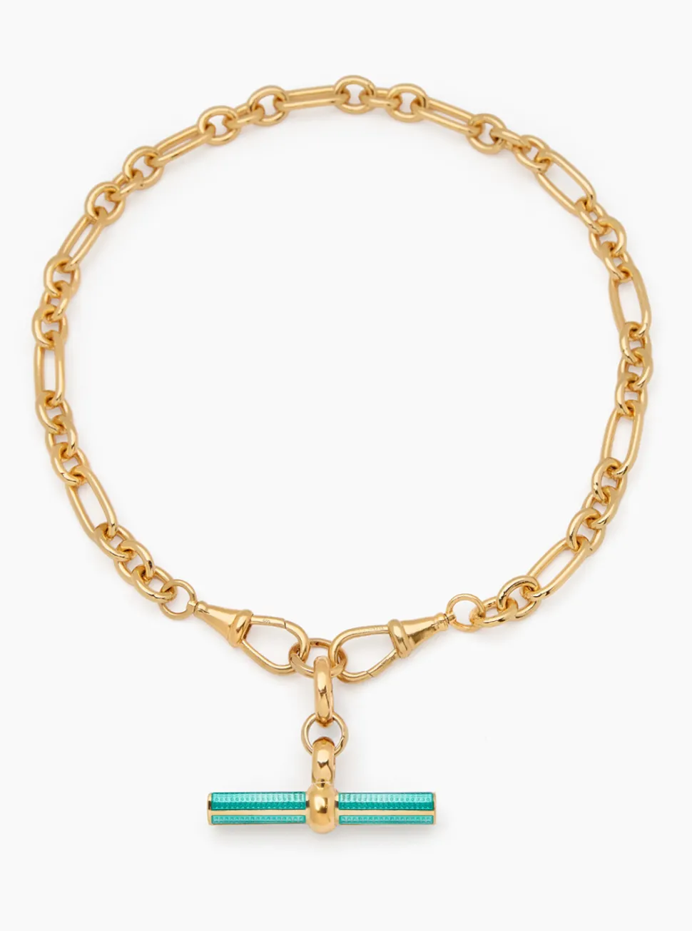 Turquoise Enamelled Giant Gold T-bar on Watch Clipt Necklace