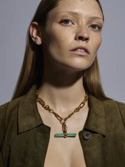 Turquoise Enamelled Giant Gold T-bar on Watch Clipt Necklace