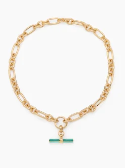 Turquoise Enamelled Small Gold T-bar on Clipt Watch Chain Necklace