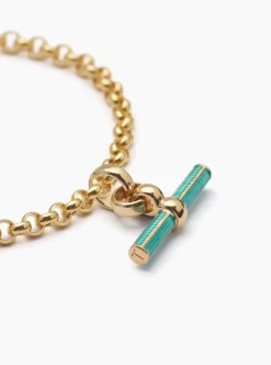 Turquoise Enamelled Small Gold T-bar on Belcher Bracelet