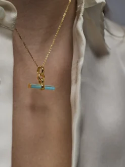 Turquoise Enamelled Small Gold T-bar on Trace Chain